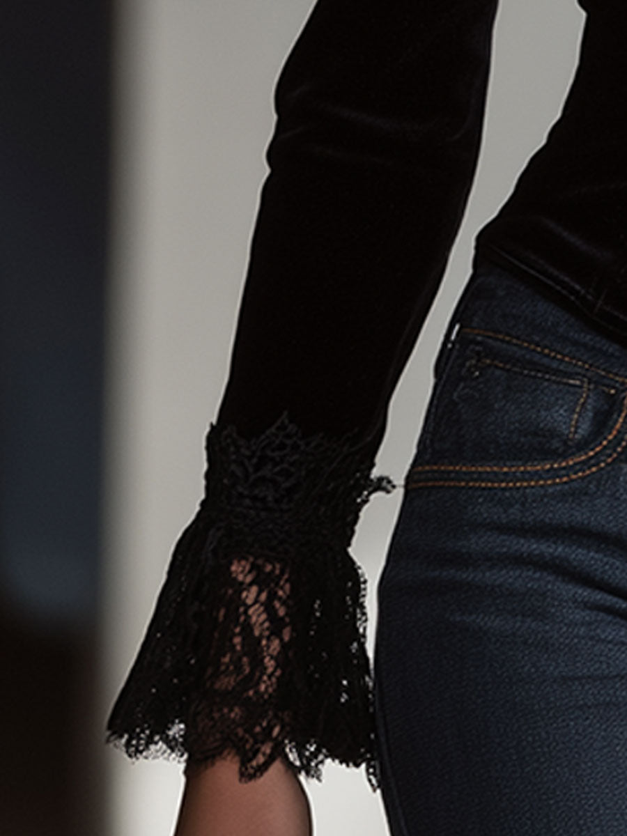 Black velvet lace long sleeve blouse for women, stylish and elegant, featuring intricate lace details and a fitted design.
