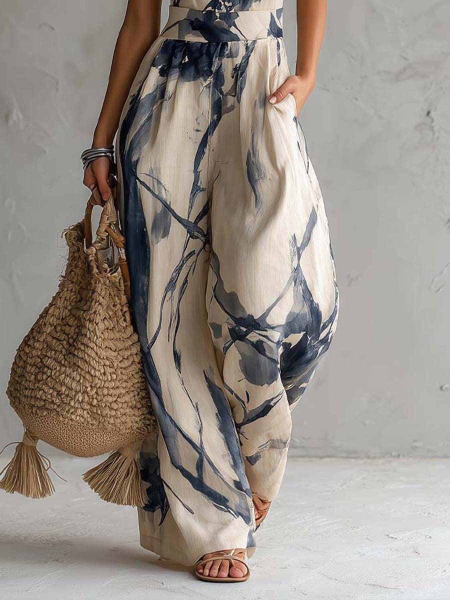 White ink wash print wide-leg jumpsuit with halter neck and pockets, women's pants by My Store, displayed on a model.
