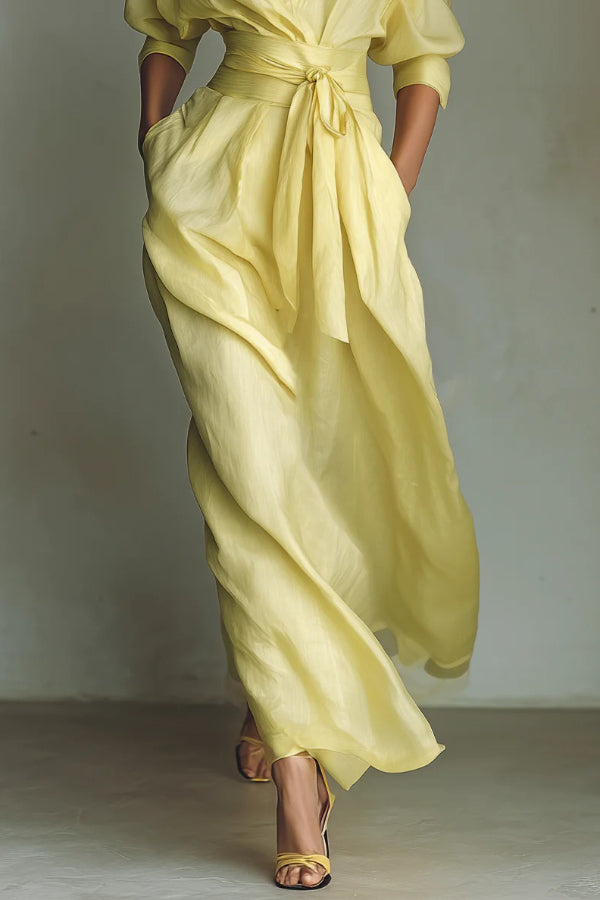 Solid color lapel long sleeve maxi dress with casual pockets and waist-cinching design from My Store.