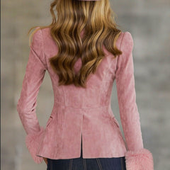 Pink faux suede and fur blazer with multi-button lapel, stylish jacket for women, featuring a tailored fit and textured fabric.
