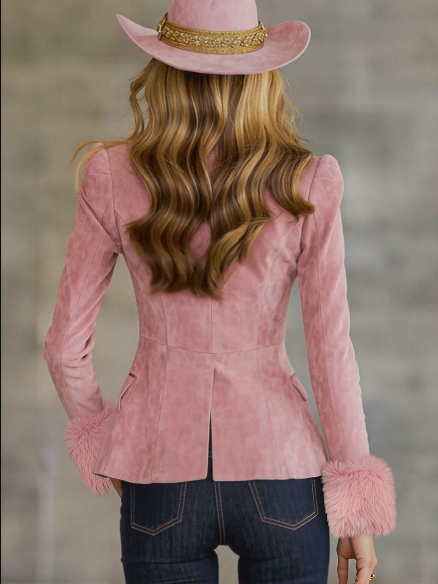 Pink faux suede and fur blazer with multi-button lapel, stylish jacket for women, featuring a tailored fit and textured fabric.