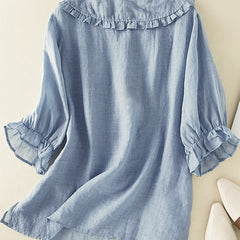 Light blue summer dress for women with ruffle linen fabric, featuring a flowy design perfect for warm weather.