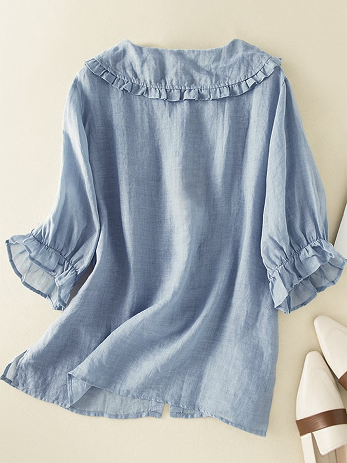 Light blue summer dress for women with ruffle linen fabric, featuring a flowy design perfect for warm weather.