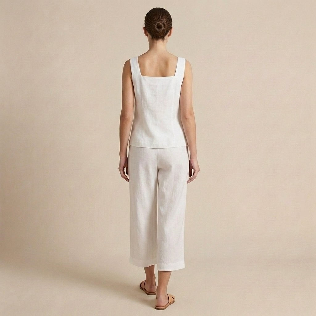 Back view of Tammy Bradley women's button-front square-neck two-piece co-ord set, featuring a stylish and casual women's clothing ensemble.