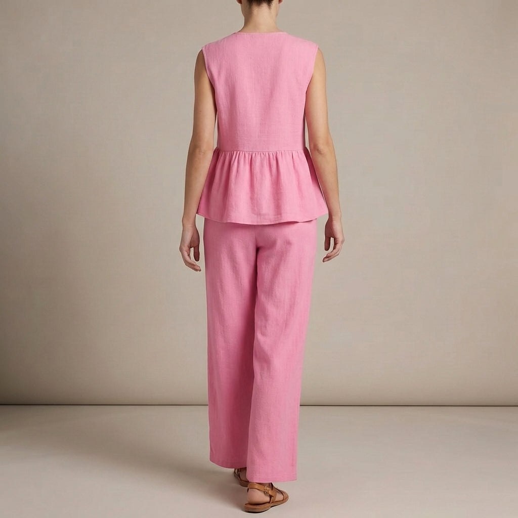 Back view of Tammy Bradley women's V-neck wide-leg two-piece co-ord set in lightweight fabric.