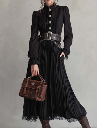 Vintage lace-hem pleated midi dress with button details, showcasing a classic, elegant design perfect for stylish occasions.