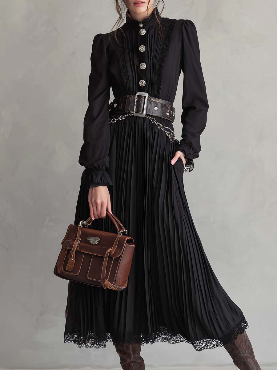 Vintage lace-hem pleated midi dress with button details, showcasing a classic, elegant design perfect for stylish occasions.