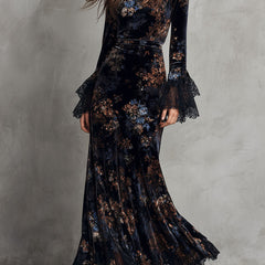 Velvet floral midnight evening dress by My Store featuring a stylish, elegant dress with floral patterns and a sleek silhouette.