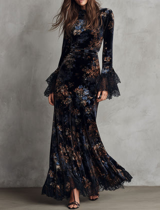 Velvet floral midnight evening dress by My Store featuring a stylish, elegant dress with floral patterns and a sleek silhouette.