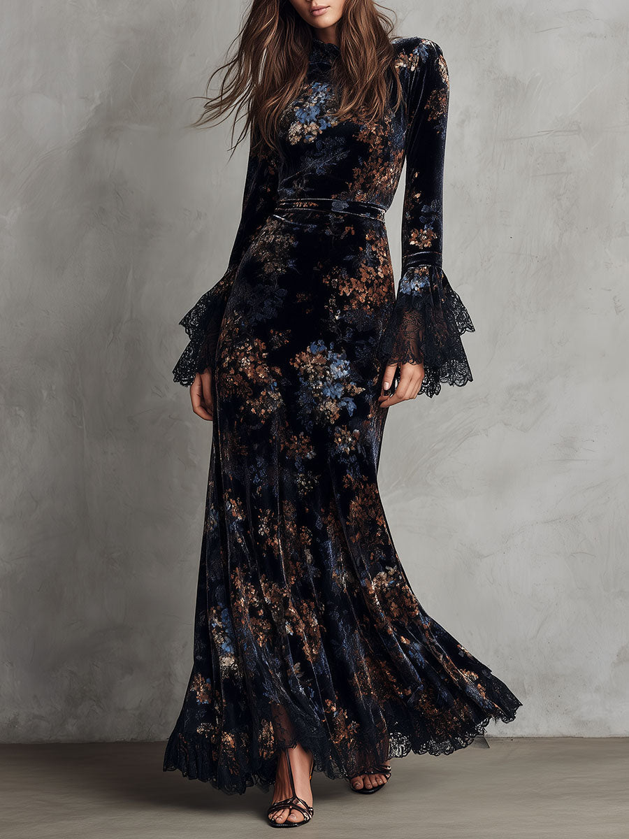 Velvet floral midnight evening dress by My Store featuring a stylish, elegant dress with floral patterns and a sleek silhouette.