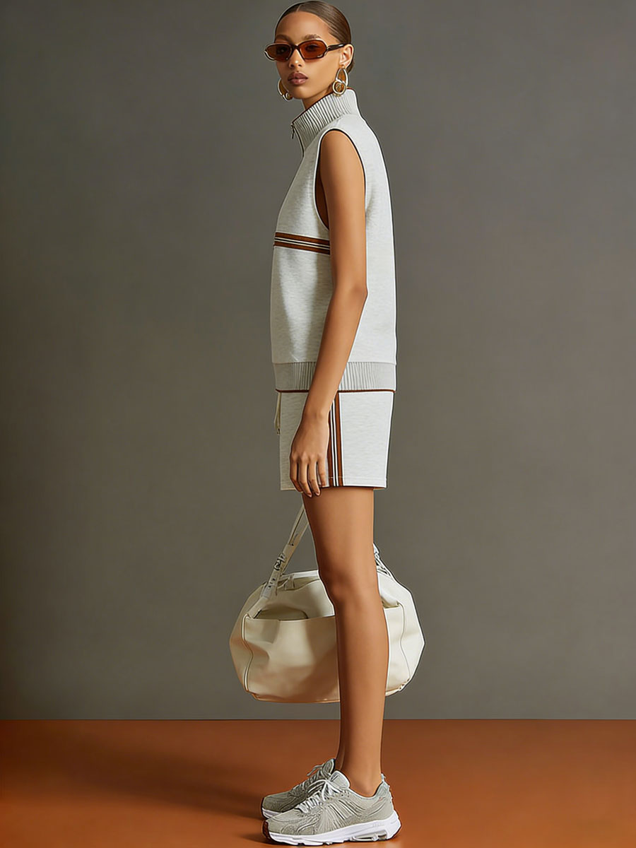 Retro sporty grey and white sleeveless sweatshirt and shorts set by My Store, featuring a half-zip design and athletic style.