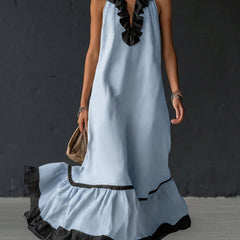 A-line loose maxi dress with contrast color pleats, ruffle trim, split-joint V-neck, from My Store.