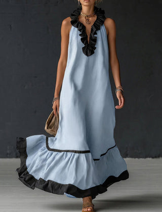 A-line loose maxi dress with contrast color pleats, ruffle trim, split-joint V-neck, from My Store.