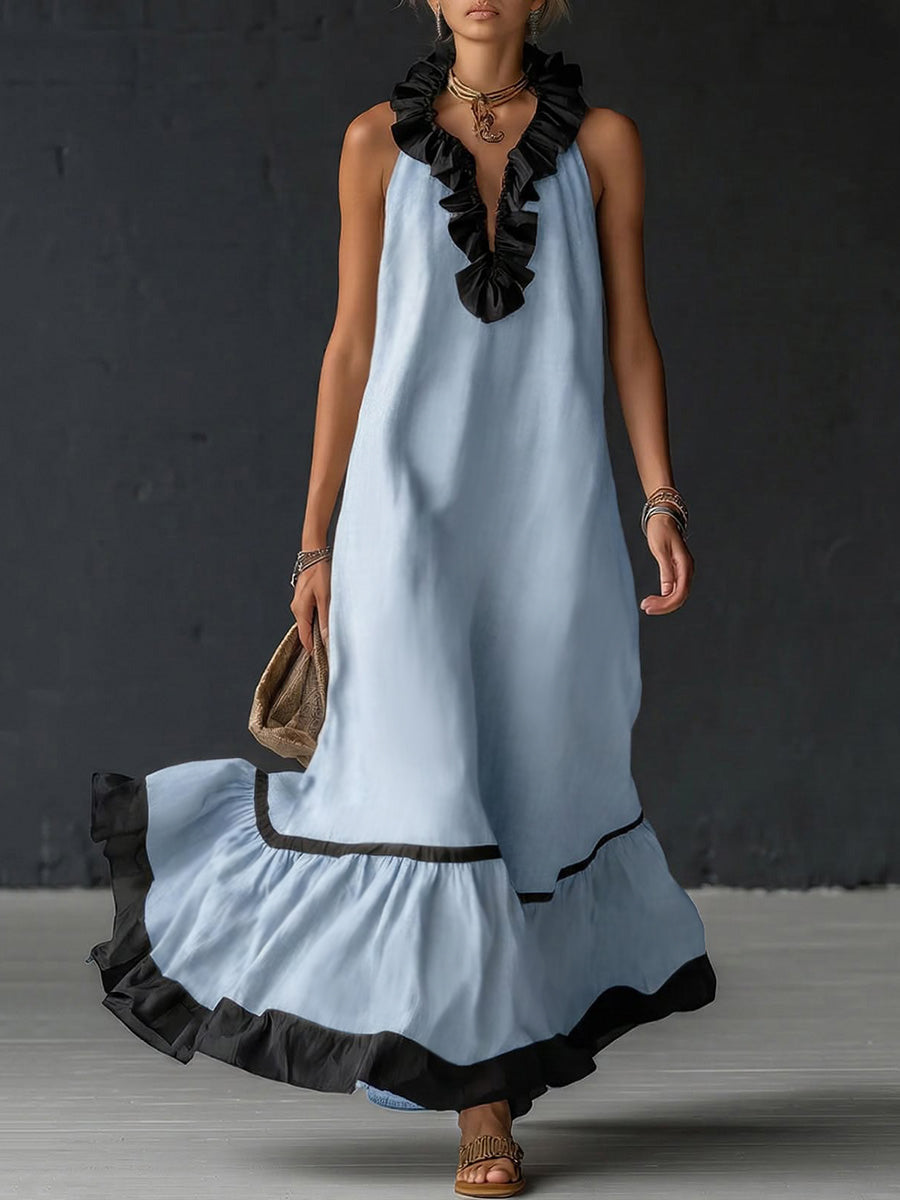 A-line loose maxi dress with contrast color pleats, ruffle trim, split-joint V-neck, from My Store.