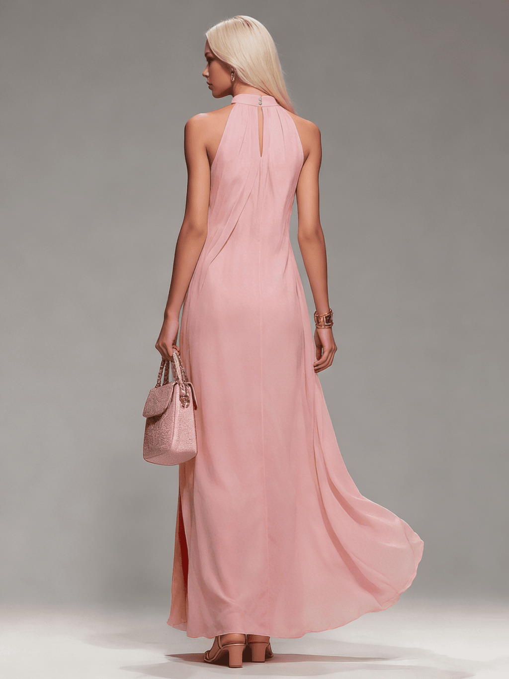 Tammy Bradley chiffon halter-neck maxi dress for women, flowing fabric with elegant drape and sleeveless design.