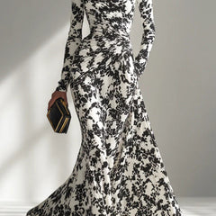 Black and white color-blocked printed long-sleeve maxi dress with pockets, slim fit, pleated design by My Store.