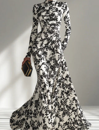 Black and white color-blocked printed long-sleeve maxi dress with pockets, slim fit, pleated design by My Store.