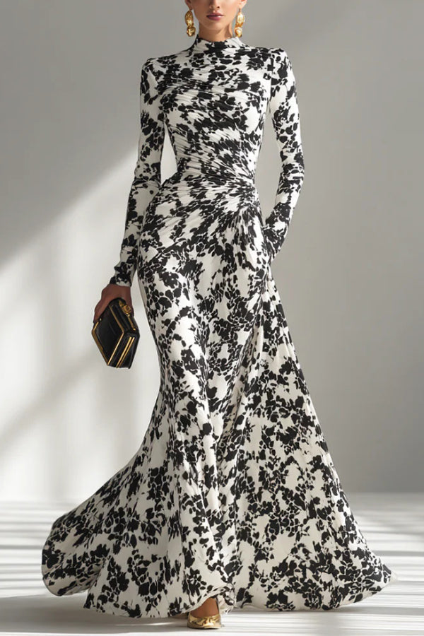 Black and white color-blocked printed long-sleeve maxi dress with pockets, slim fit, pleated design by My Store.