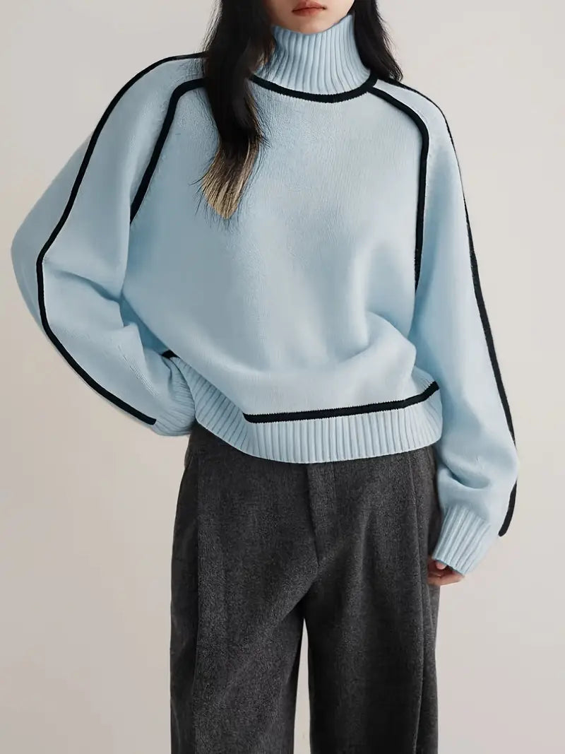 Turtleneck Sweater Women Contrast Piping Relaxed Fit