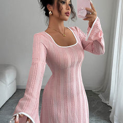 White A-Line Bodycon ribbed knit maxi dress with split joint and square neckline, featuring a fitted silhouette and stylish design.