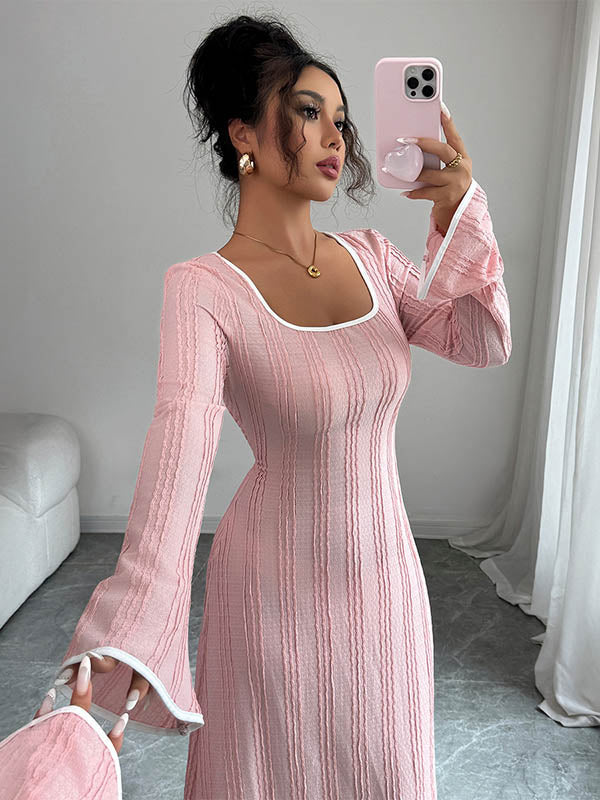 White A-Line Bodycon ribbed knit maxi dress with split joint and square neckline, featuring a fitted silhouette and stylish design.