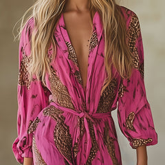 Rose red leopard print chiffon long sleeve jumpsuit for women, stylish and comfortable pants from My Store.