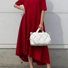White high-low maxi dress with short sleeves by My Store, flowing solid color design perfect for casual or elegant occasions.