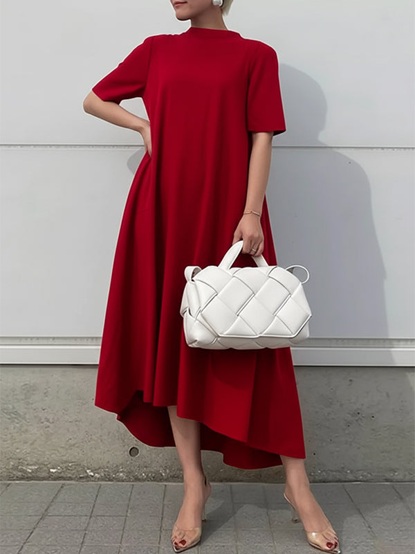 White high-low maxi dress with short sleeves by My Store, flowing solid color design perfect for casual or elegant occasions.