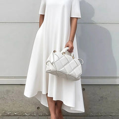 White high-low maxi dress with short sleeves, solid color, stylish and flowy, from My Store's collection.