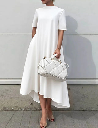 White high-low maxi dress with short sleeves, solid color, stylish and flowy, from My Store's collection.