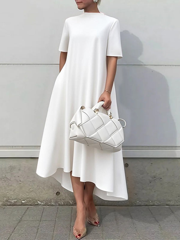 White high-low maxi dress with short sleeves, solid color, stylish and flowy, from My Store's collection.