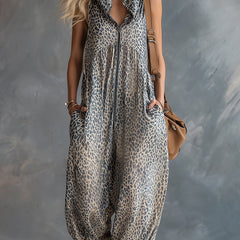 Women’s apricot leopard print chiffon jumpsuit with hood, stylish women’s pants by My Store, featuring a flowy, lightweight fabric.