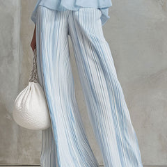 Light blue striped chiffon wide-leg women's pants with a flowy, relaxed fit and comfortable waistband.