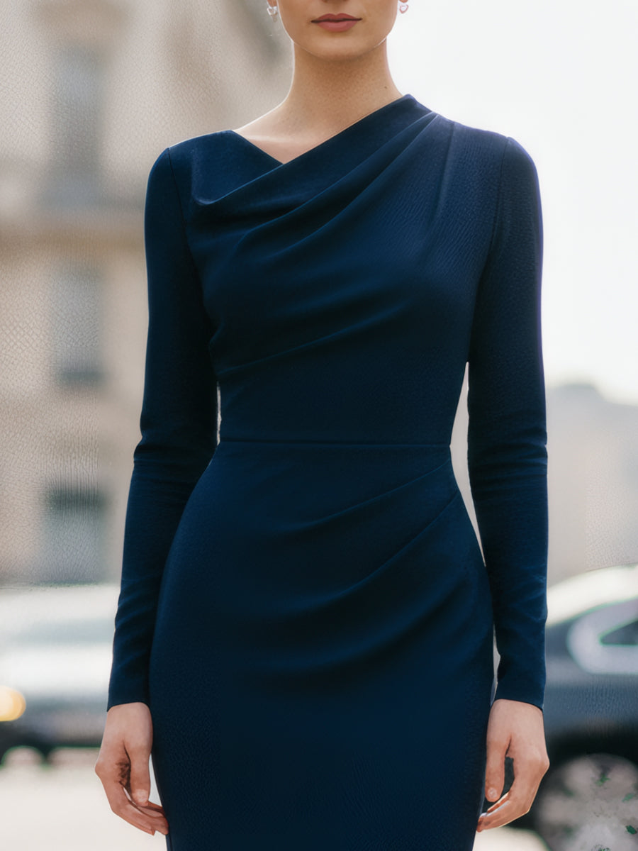 Navy draped long-sleeve midi dress by My Store, perfect for summer business wear, shown on a mannequin.