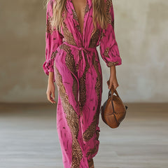 Rose red leopard print chiffon long sleeve jumpsuit for women, stylish and flowy pants with a bold animal pattern.