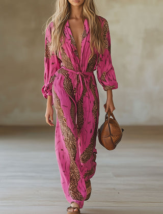 Rose red leopard print chiffon long sleeve jumpsuit for women, stylish and flowy pants with a bold animal pattern.