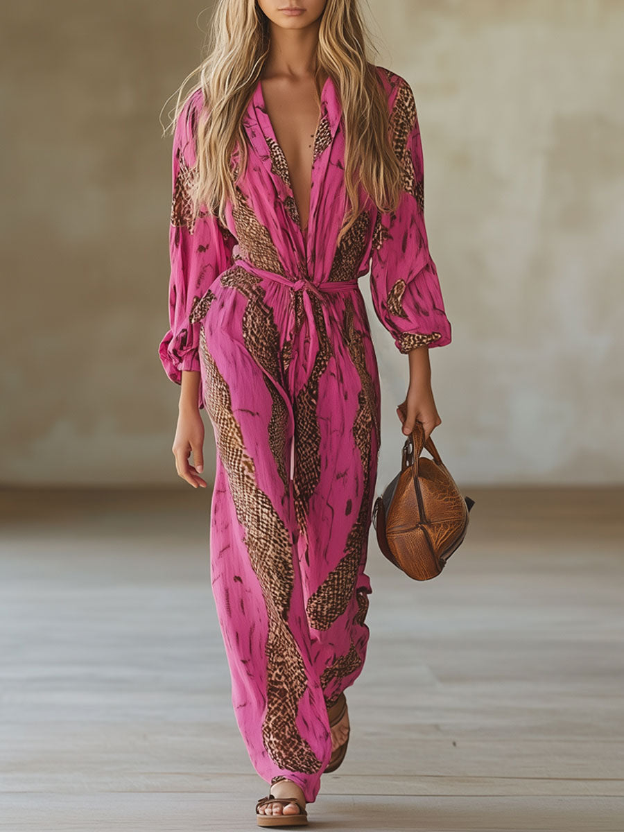 Rose red leopard print chiffon long sleeve jumpsuit for women, stylish and flowy pants with a bold animal pattern.