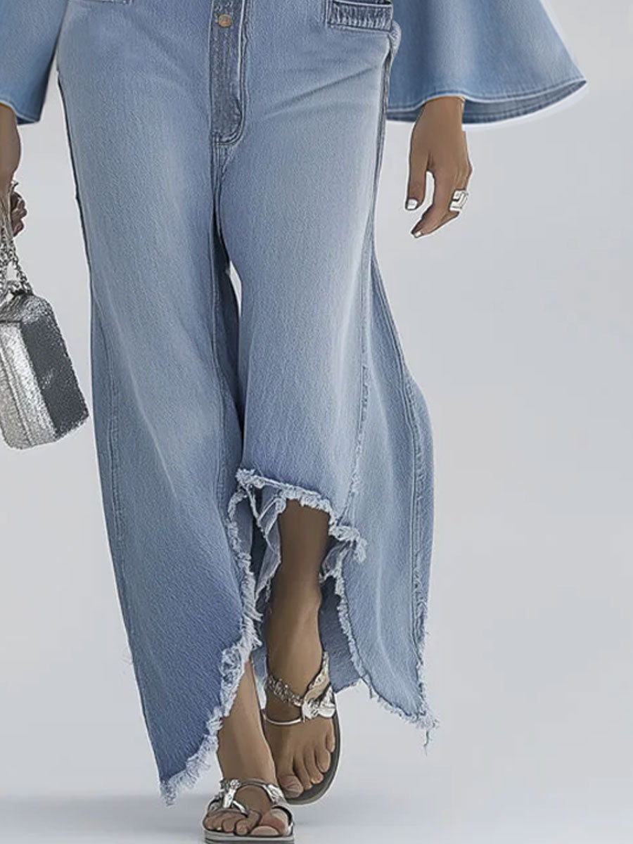 Light blue denim flared long sleeve wide-leg jumpsuit for women, featuring stylish and comfortable pant-style design.