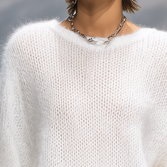 Elegant solid color round neck loose sweater from My Store, featuring a cozy fit and simple design in soft fabric.