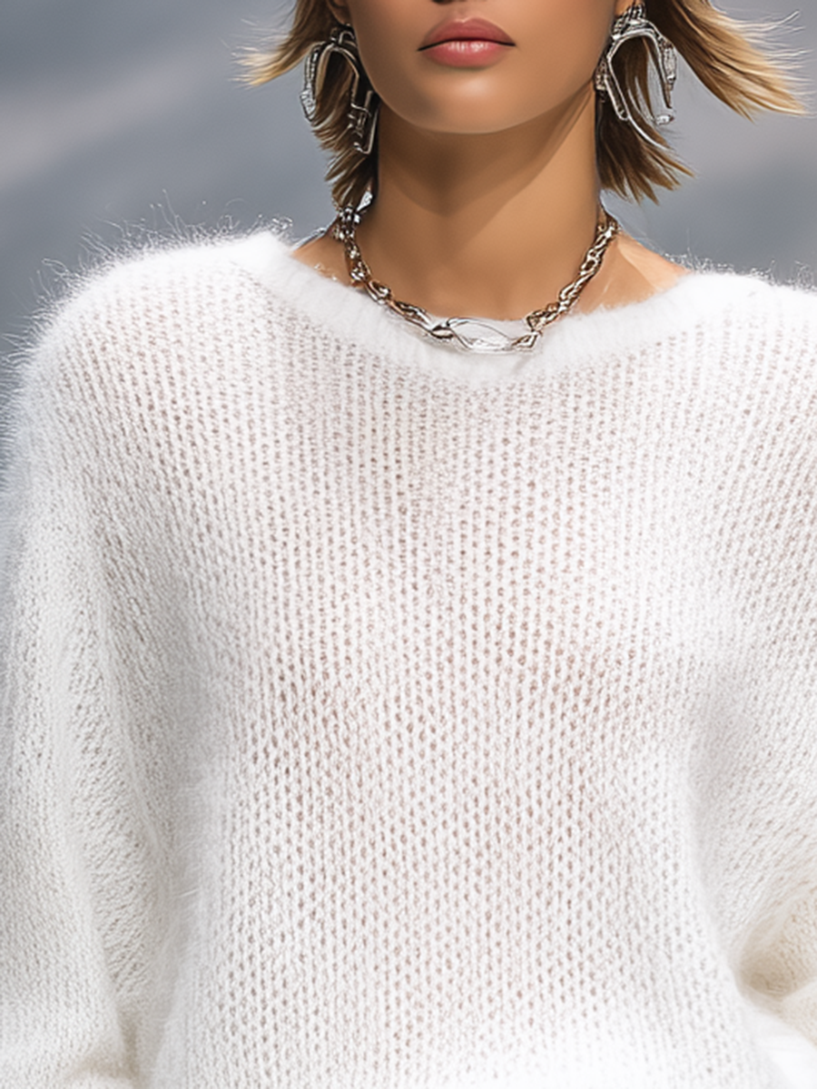 Elegant solid color round neck loose sweater from My Store, featuring a cozy fit and simple design in soft fabric.