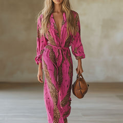 Rose Red leopard print chiffon jumpsuit with long sleeves for women, stylish and flowy, perfect for casual or dressy occasions.