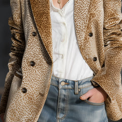Khaki leopard print color-block velvet blazer from jackets and blazers collection, stylish and textured for a bold look.