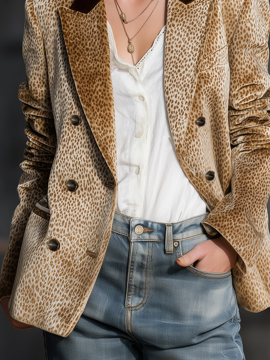 Khaki leopard print color-block velvet blazer from jackets and blazers collection, stylish and textured for a bold look.