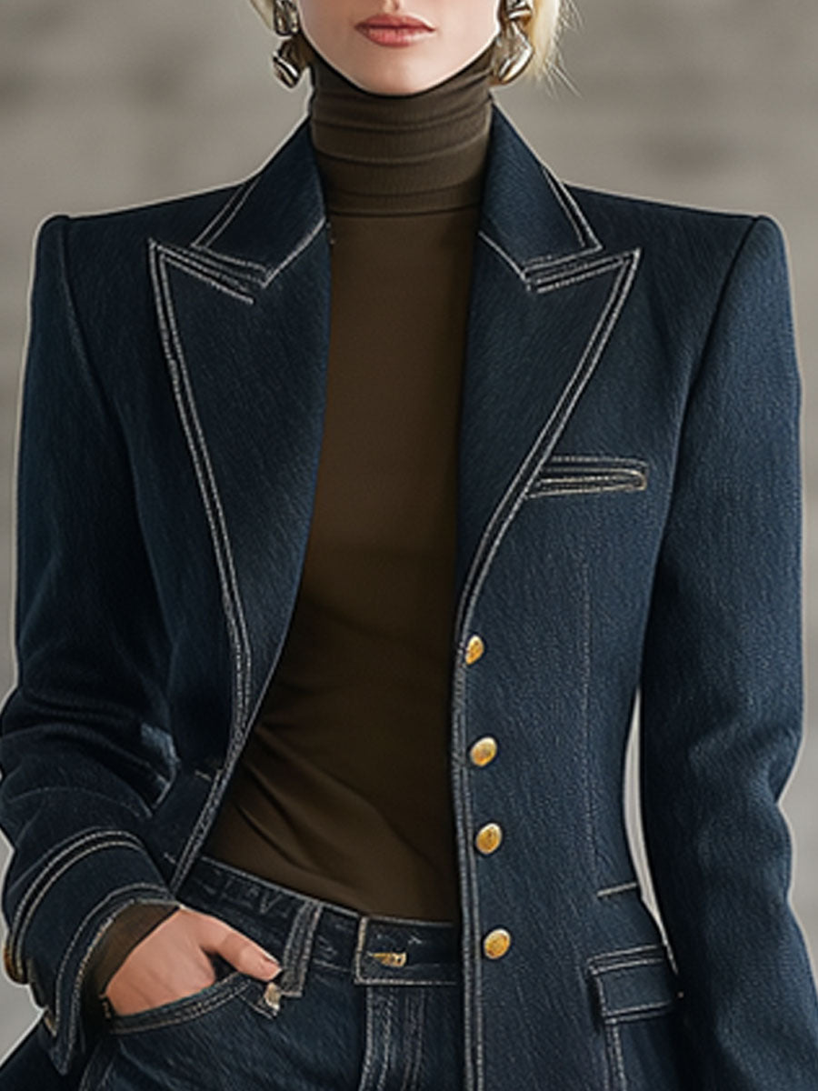 Navy topstitched denim jacket for women featuring classic design, visible stitching, and a fitted style, ideal for casual wear.