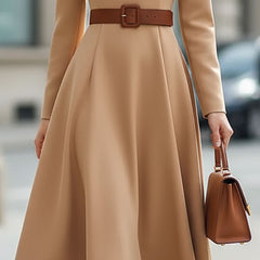 Elegant camel turtleneck belted midi dress from My Store, featuring a fitted silhouette and stylish design.