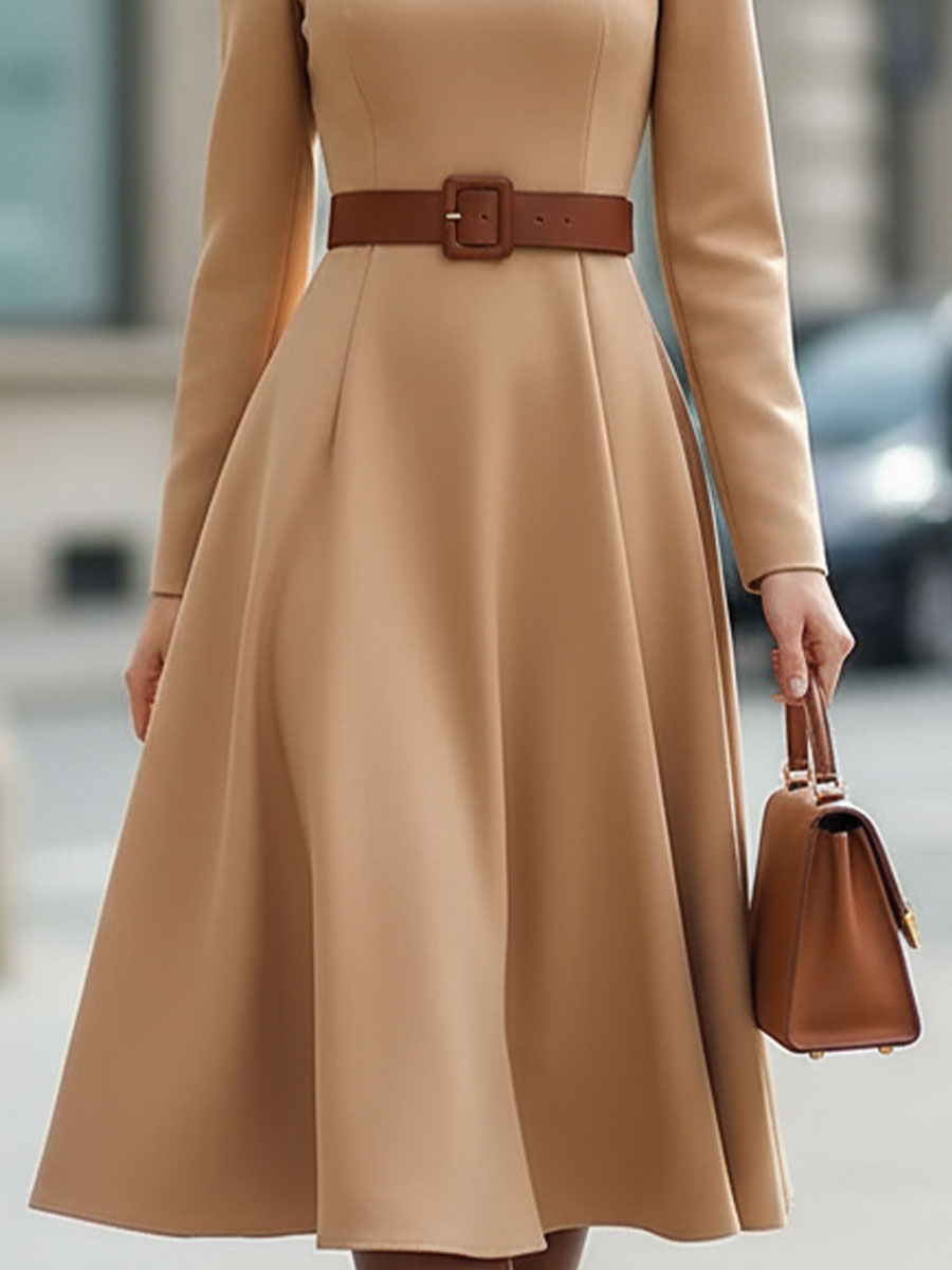 Elegant camel turtleneck belted midi dress from My Store, featuring a fitted silhouette and stylish design.