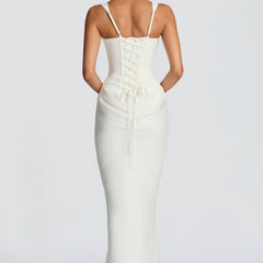 Ivory summer maxi dress for women featuring a square neckline and bodycon fit, stylish and elegant for warm weather.