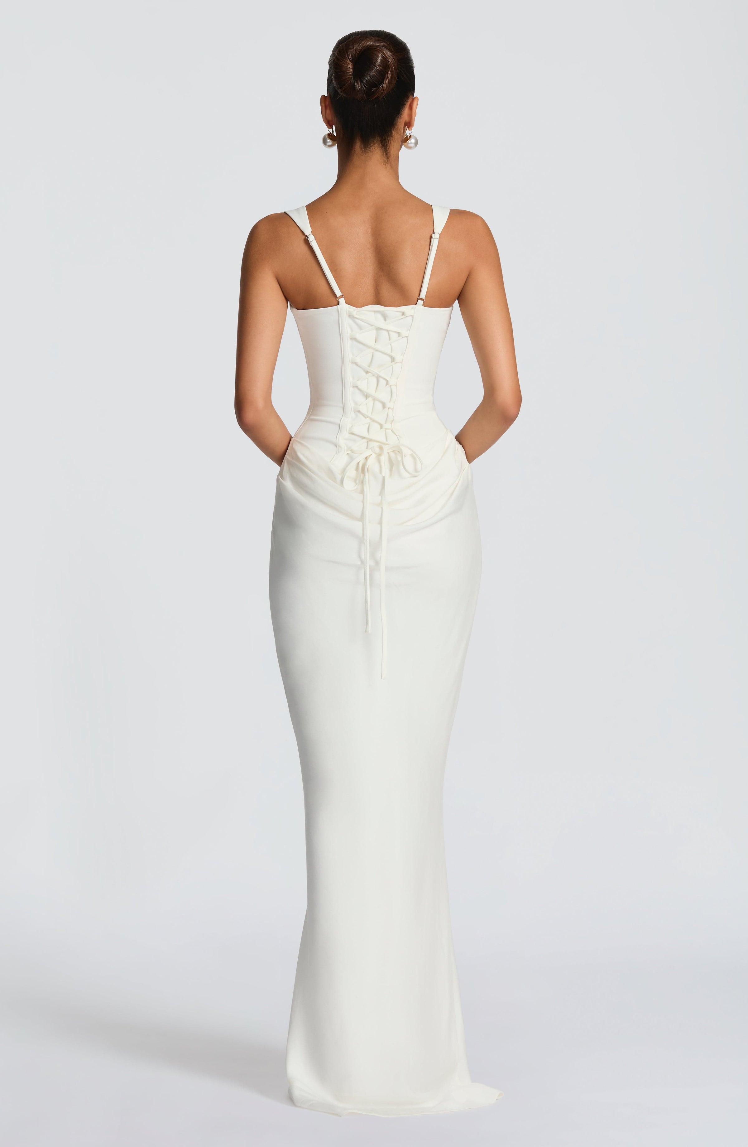 Ivory summer maxi dress for women featuring a square neckline and bodycon fit, stylish and elegant for warm weather.