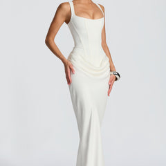Ivory summer maxi dress for women with square neckline and bodycon fit, stylish and elegant from My Store.