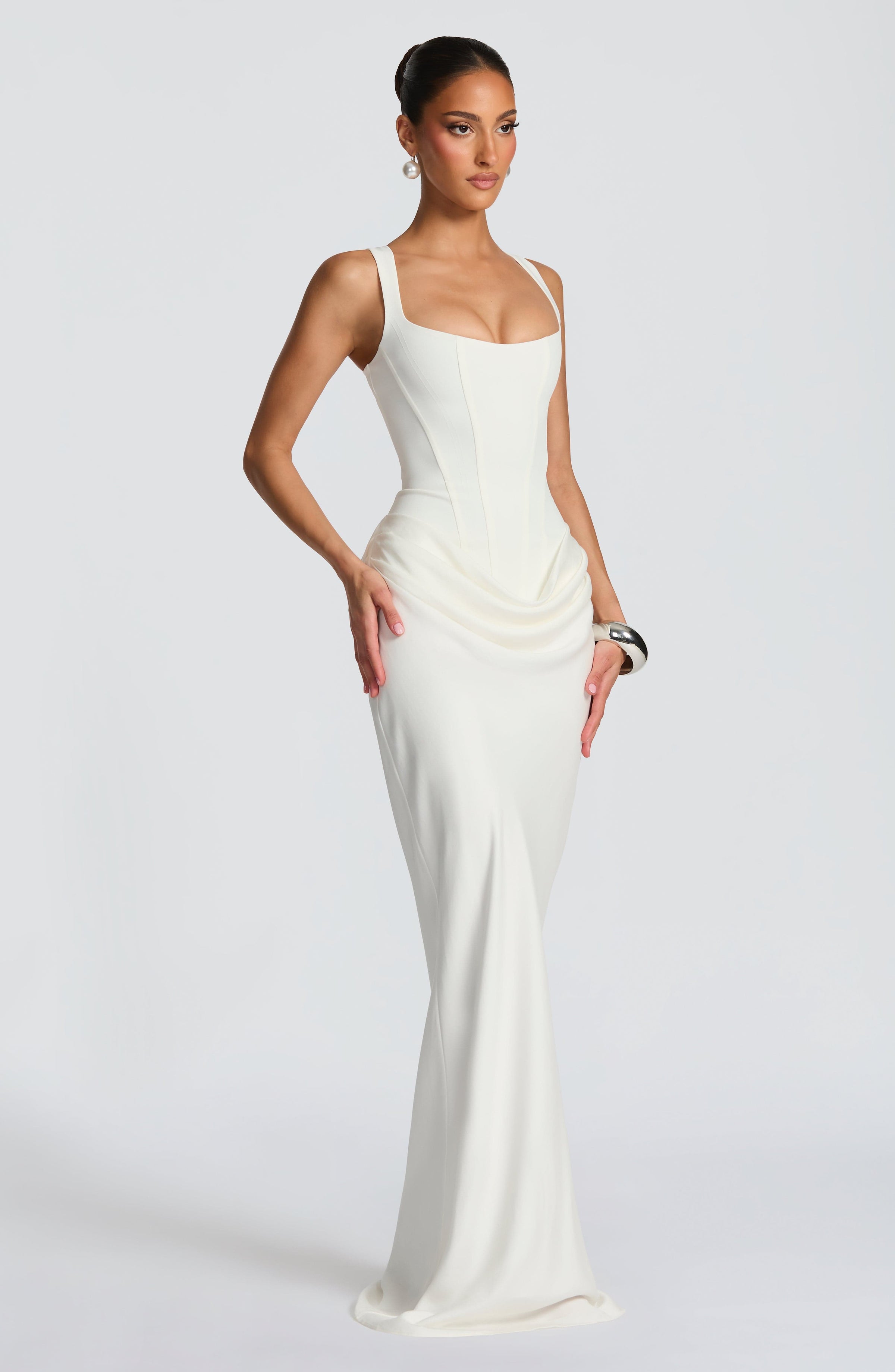 Ivory summer maxi dress for women with square neckline and bodycon fit, stylish and elegant from My Store.